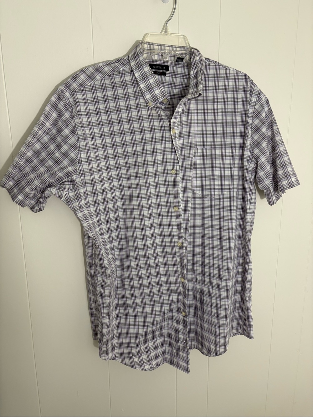 Van Heusen Flex Purple and White Plaid Short-Sleeve Button-Down Shirt - Men